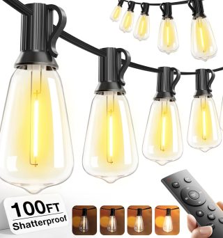 addlon 100FT LED Outdoor String Lights with Remote Waterproof Patio Lights with Shatterproof ST38 Replaceable Bulbs, Dimmable Outside Hanging Light Connectable for Porch, Backyard